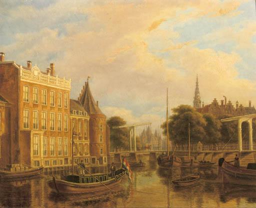 Augustus Wijnands - A view of the river Amstel with the Nieuwmarkt and Oude Kerk, Amsterdam