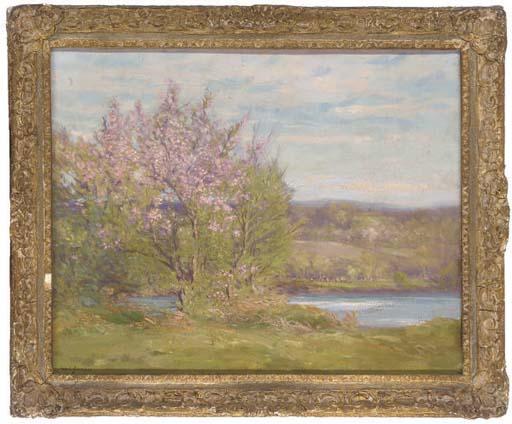 Augustus William Enness - Trees in blossom on a river bank
