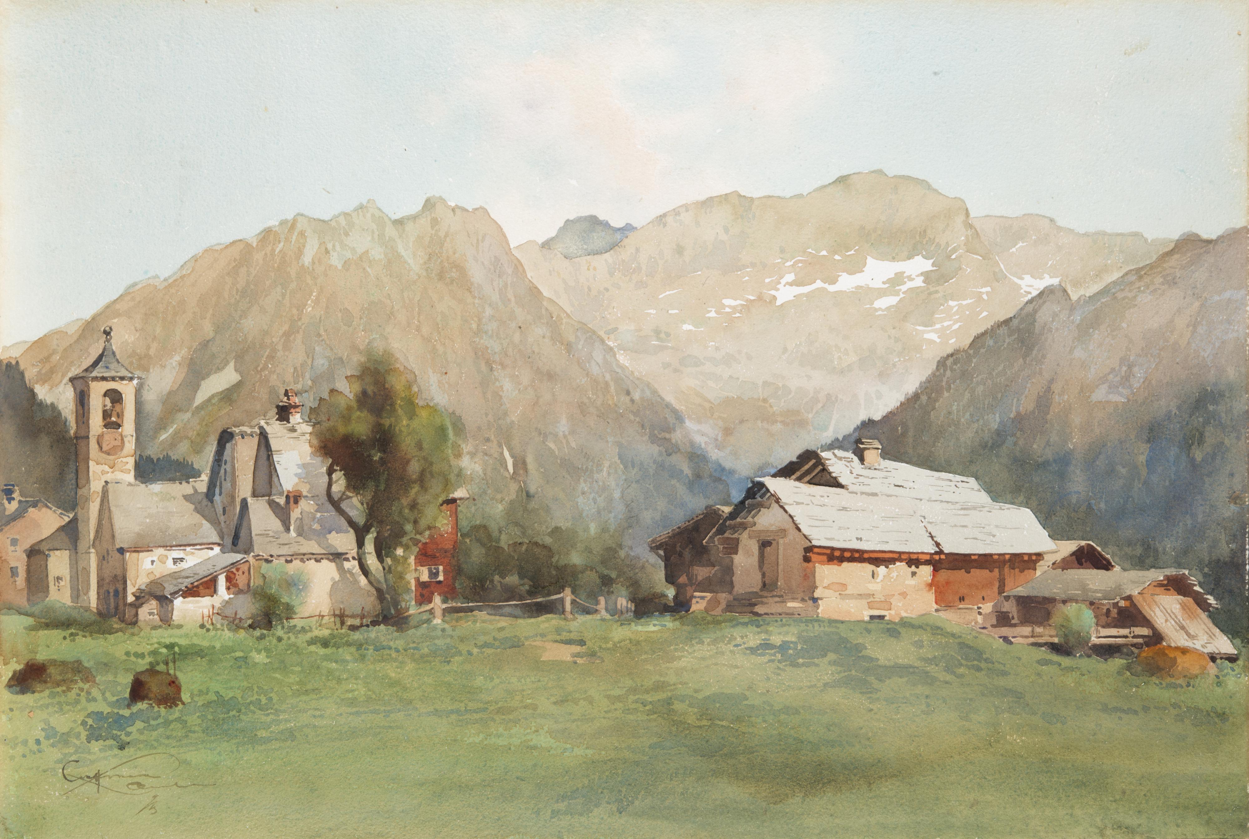 Aurelio Craffonara - Paesaggio montano con baite e chiesetta