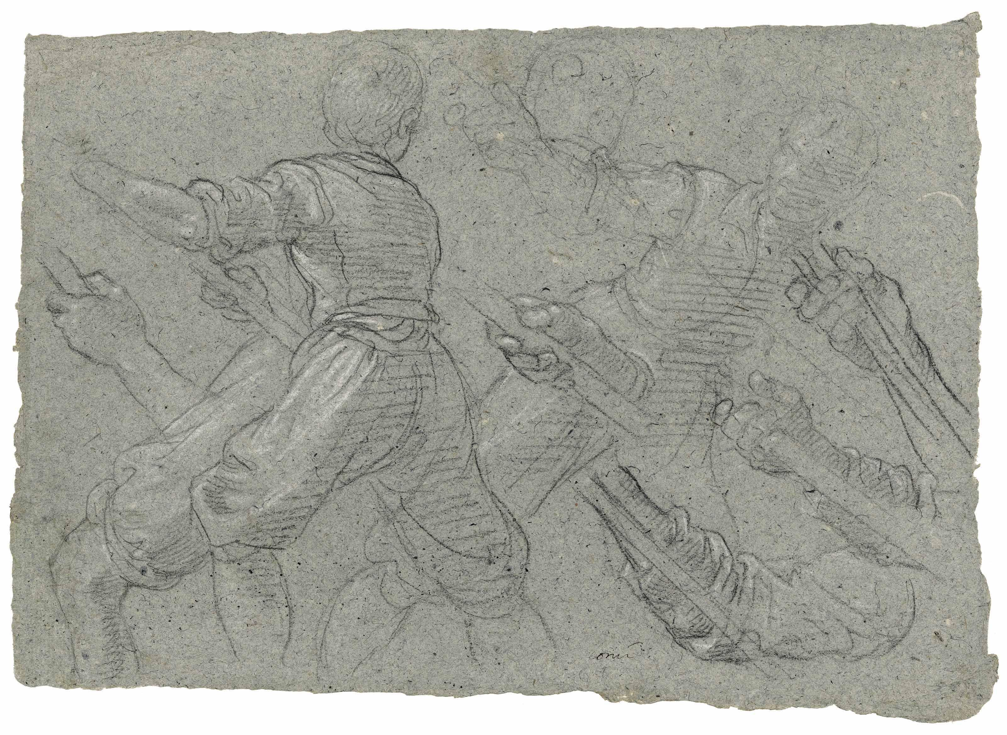 Aurelio Lomi - Studies of a youth pulling ropes or poles (recto); A faint study of the same (verso)