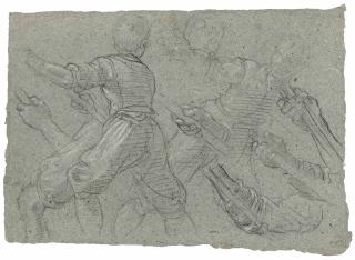 Aurelio Lomi - Studies of a youth pulling ropes or poles (recto); A faint study of the same (verso)