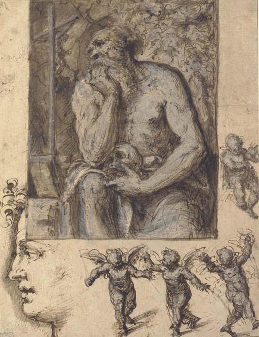 Aurelio Luini - A hermit contemplating a crucifix, with studies of putti and a head in profile