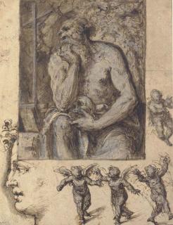 Aurelio Luini - A hermit contemplating a crucifix, with studies of putti and a head in profile