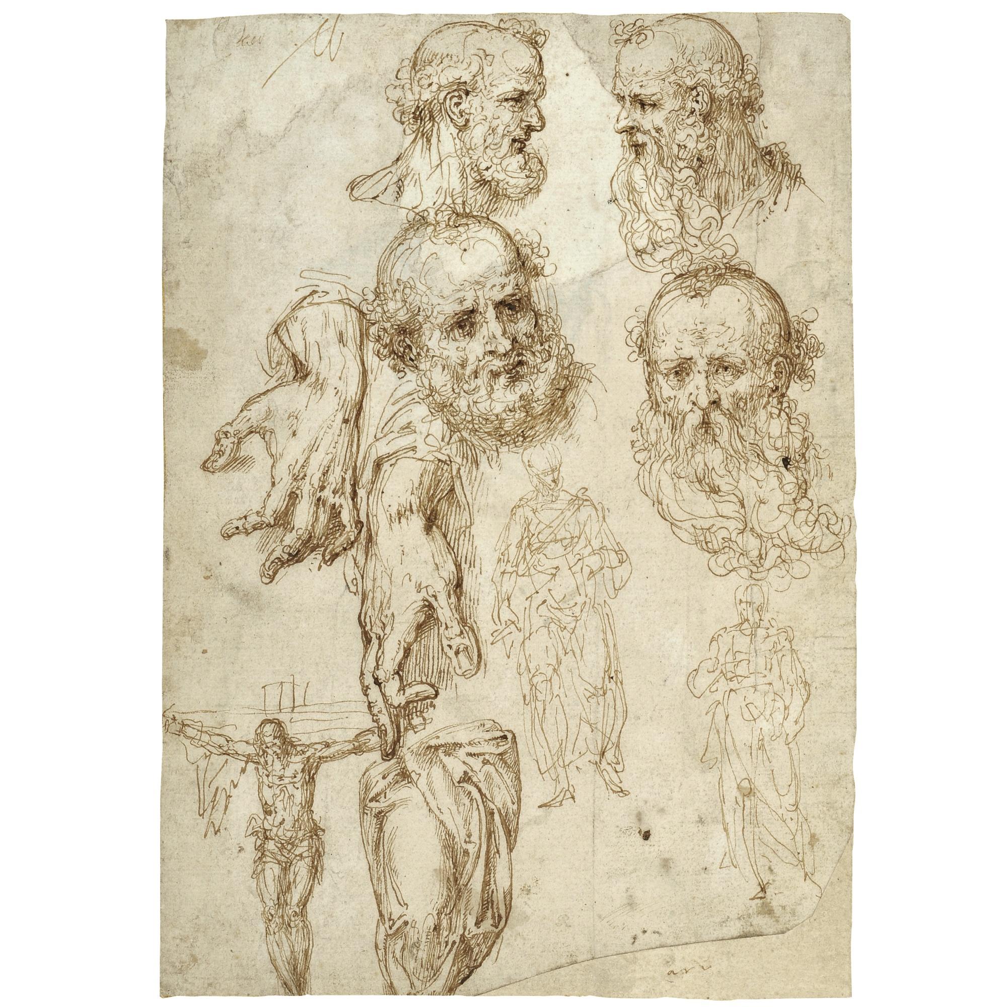 Aurelio Luini - A Sheet Of Studies Including Heads, Hands And Figures