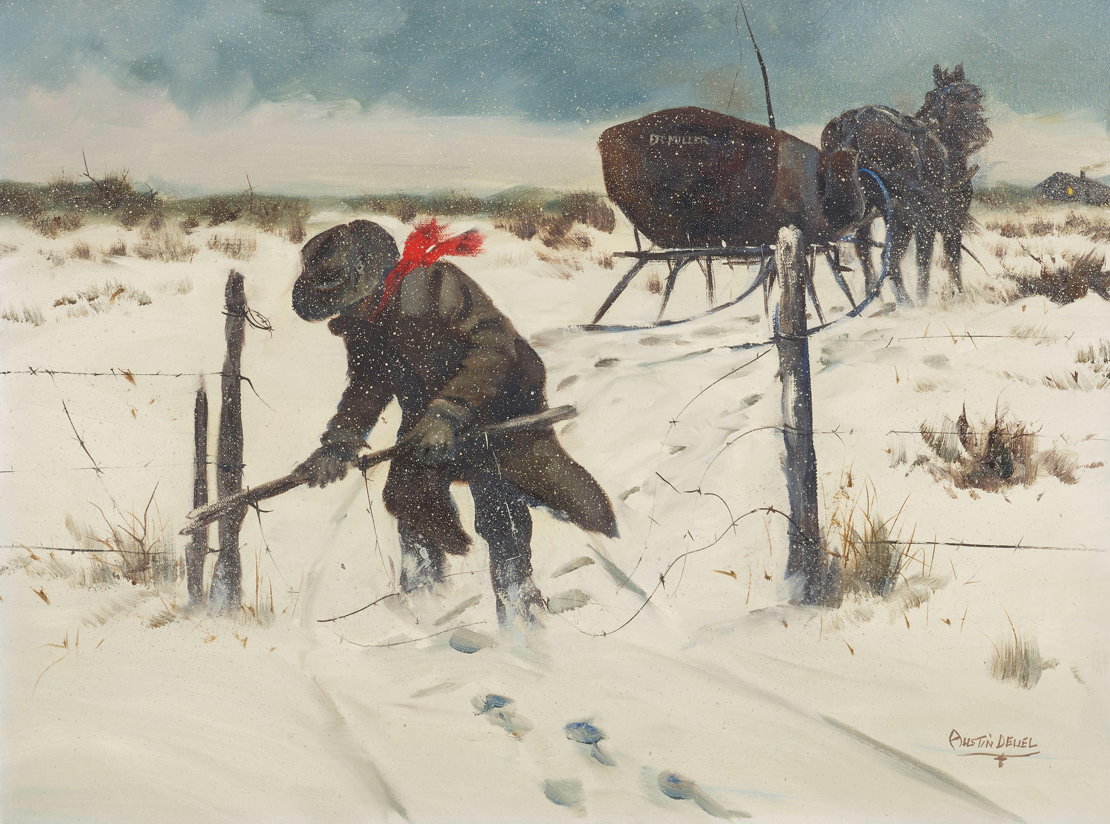 Austin Deuel - Dr. Miller Repairing a Fence in Winter 18 x 24 in. framed 26 12 x 32 in.