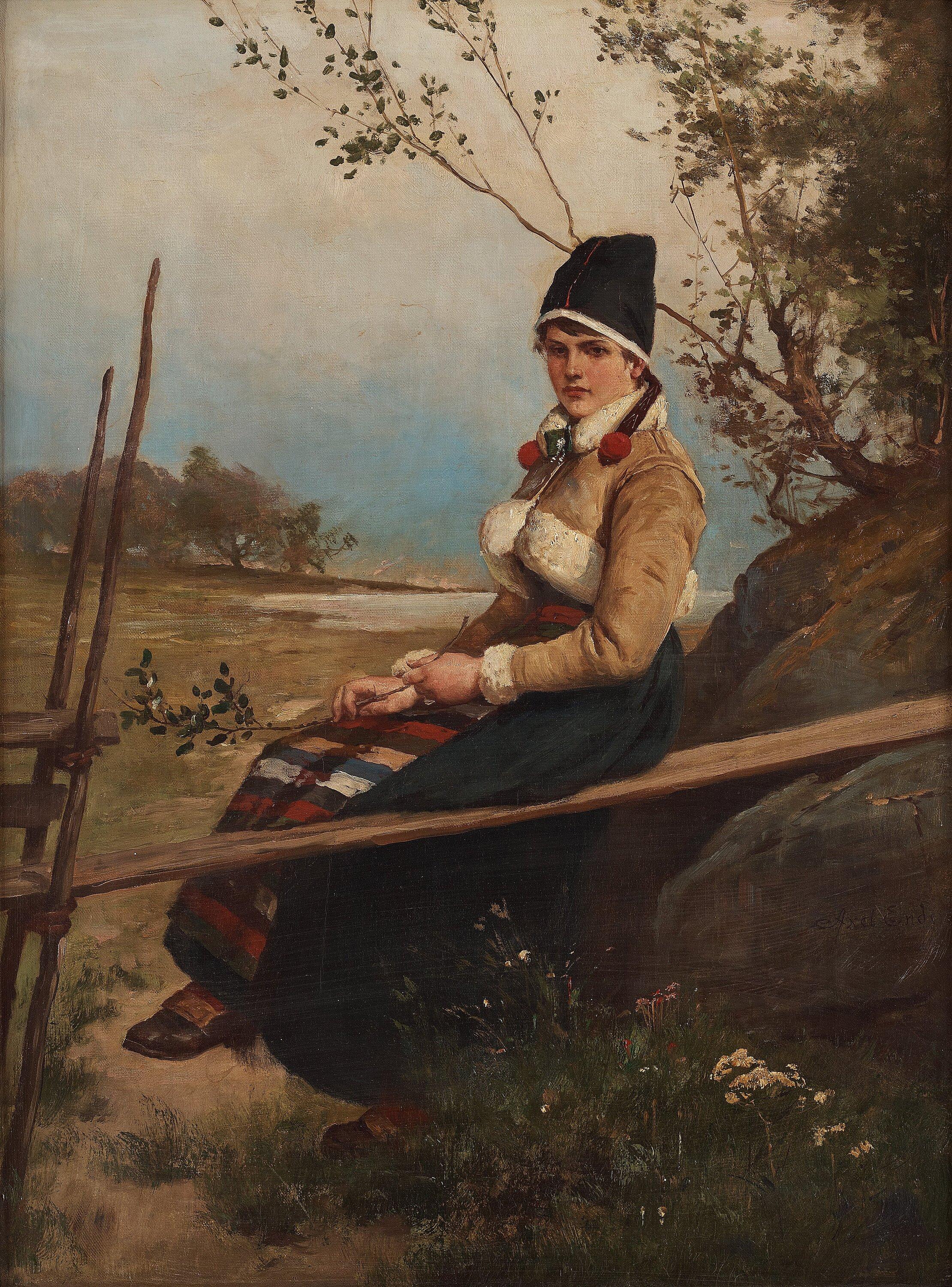 Axel Ender - Landscape with girl in Swedish traditional costume