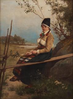 Axel Ender - Landscape with girl in Swedish traditional costume