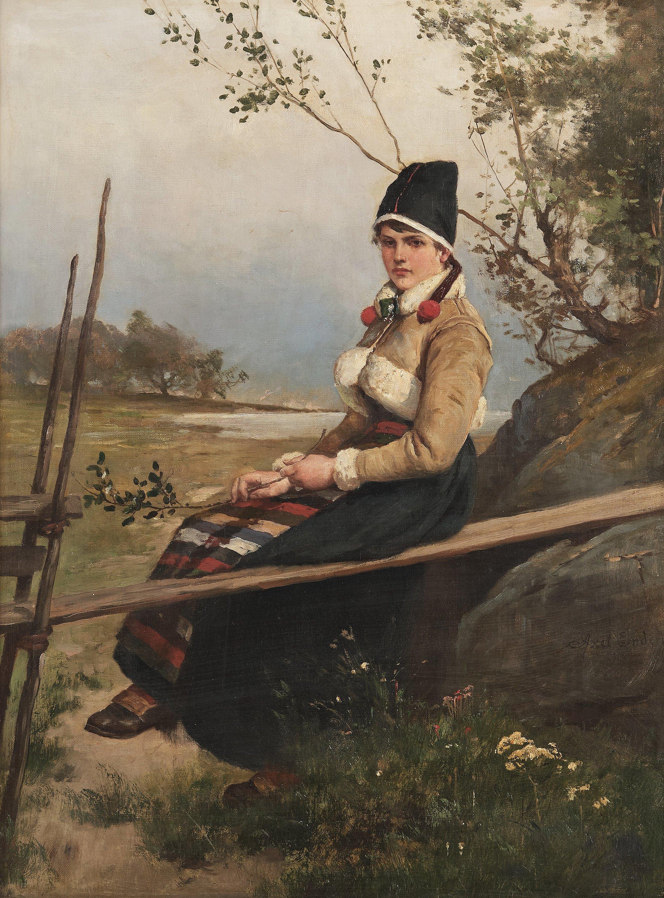 Axel Ender - Landscape with girl in Swedish traditional costume