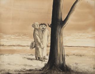 Axel Fridell - ”Två herrar vid stranden betraktar ekorre i träd” (Two men by the beach watching a squirrel in a tree)