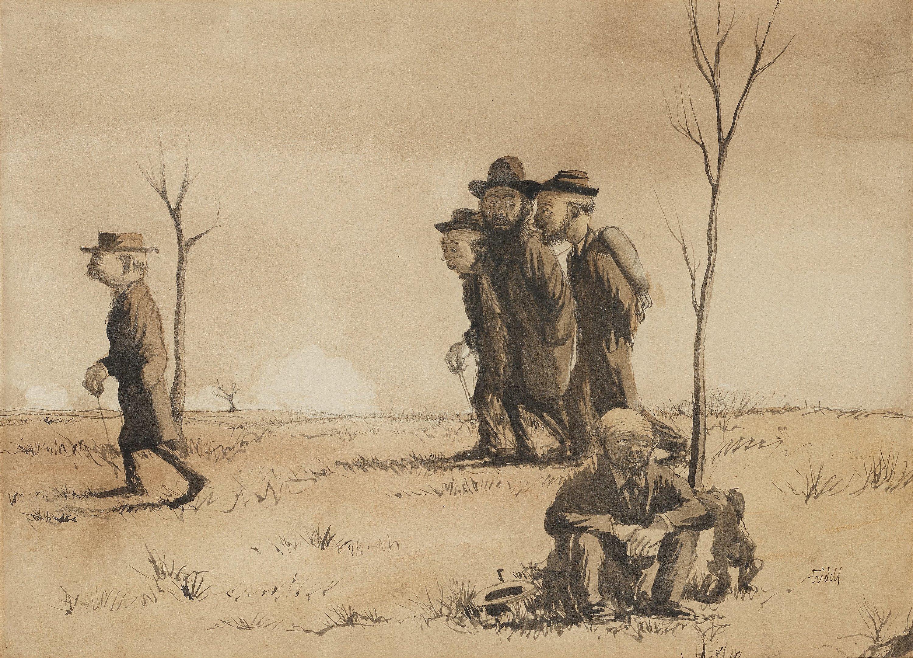 Axel Fridell - ”Uti världen” (”Fyra vandrande män, en sittande man med hund”) [Out into the world]