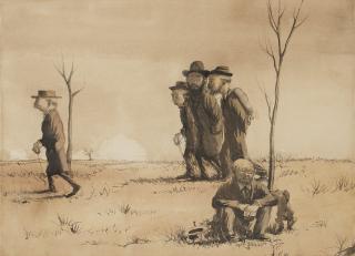 Axel Fridell - ”Uti världen” (”Fyra vandrande män, en sittande man med hund”) [Out into the world]