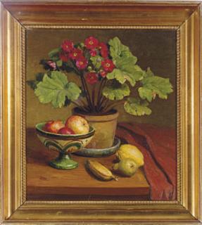 Axel Johansen - Still life of a pot of primula and fruit on a table