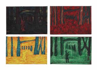 Axel Kasseböhmer - (i) Landschaft mit Faun, Braun (Landscape with Faun, Brown)    (ii) Landschaft mit Faun, Rot-Braun (Landscape with Faun, Red-Brown)    (iii) Landschaft mit Faun, Grün, Gelb, Orange (Landscape with Faun, Green, Yellow, Orange)    (iv) Lan
