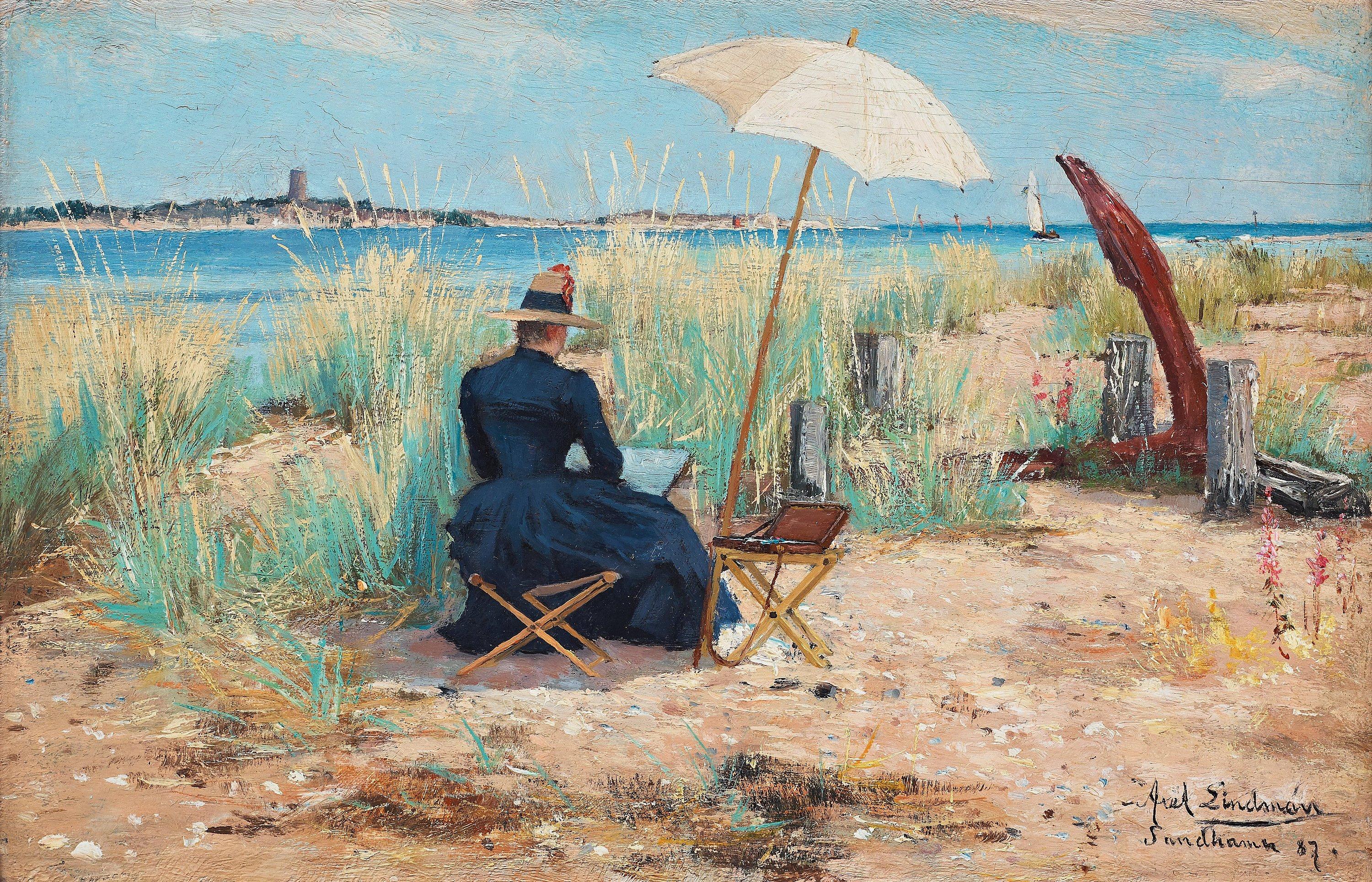 Axel Lindman - Beach scene with a woman painting en plein air
