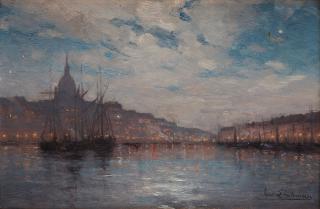 Axel Lindman - Södermalm and Skeppsbron in moonlight