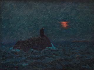 Axel Sjöberg - White-tailed eagle by the sea at dusk, scene from Långviksskär, Stockholm archipelago