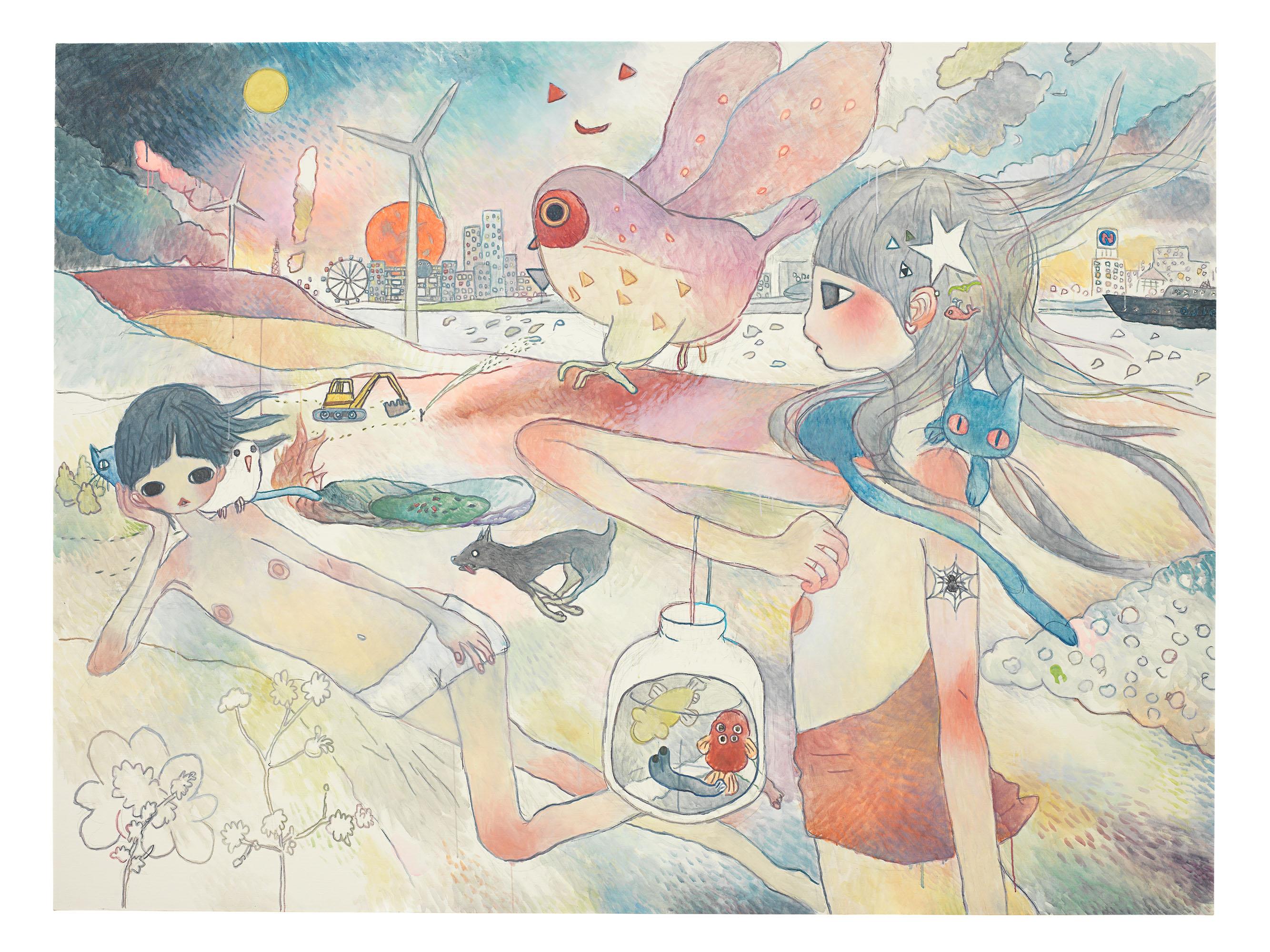 Aya Takano - Summoning her owls, she looked yonder. The buildings shone.