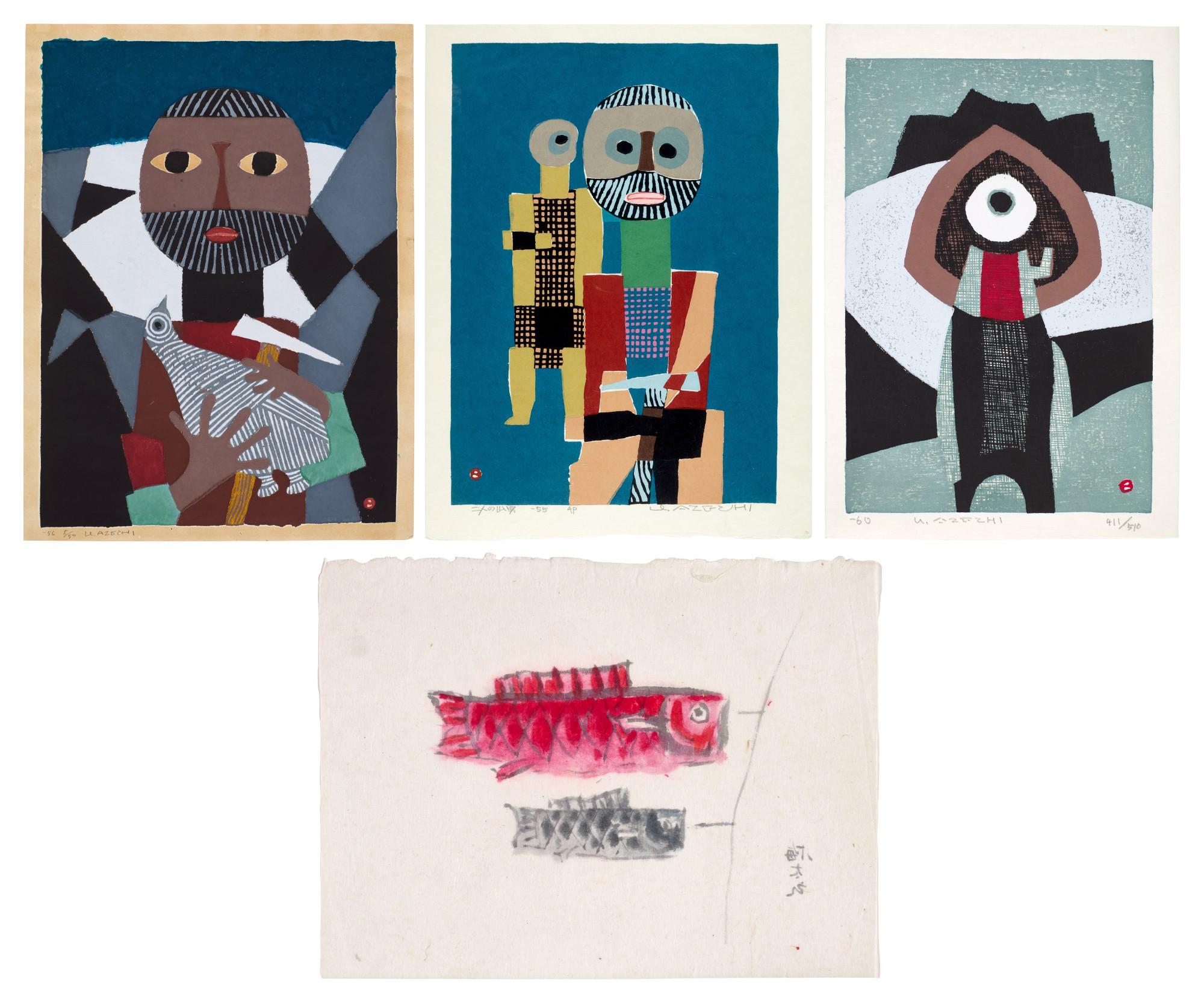 Azechi Umetaro - Three woodblock prints and a drawing