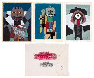 Azechi Umetaro - Three woodblock prints and a drawing