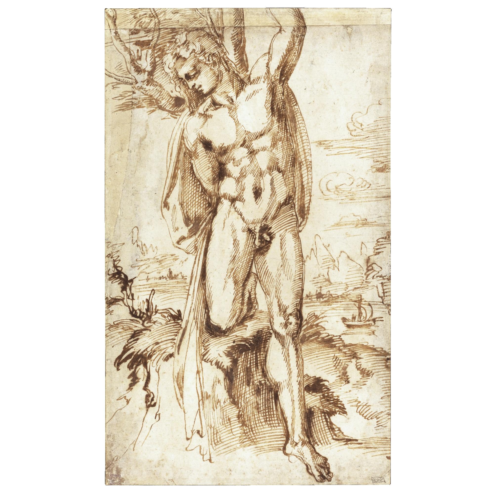 Baccio Bandinelli - A Male Nude Tied To A Tree, Possibly St. Sebastian, A River Landscape Beyond