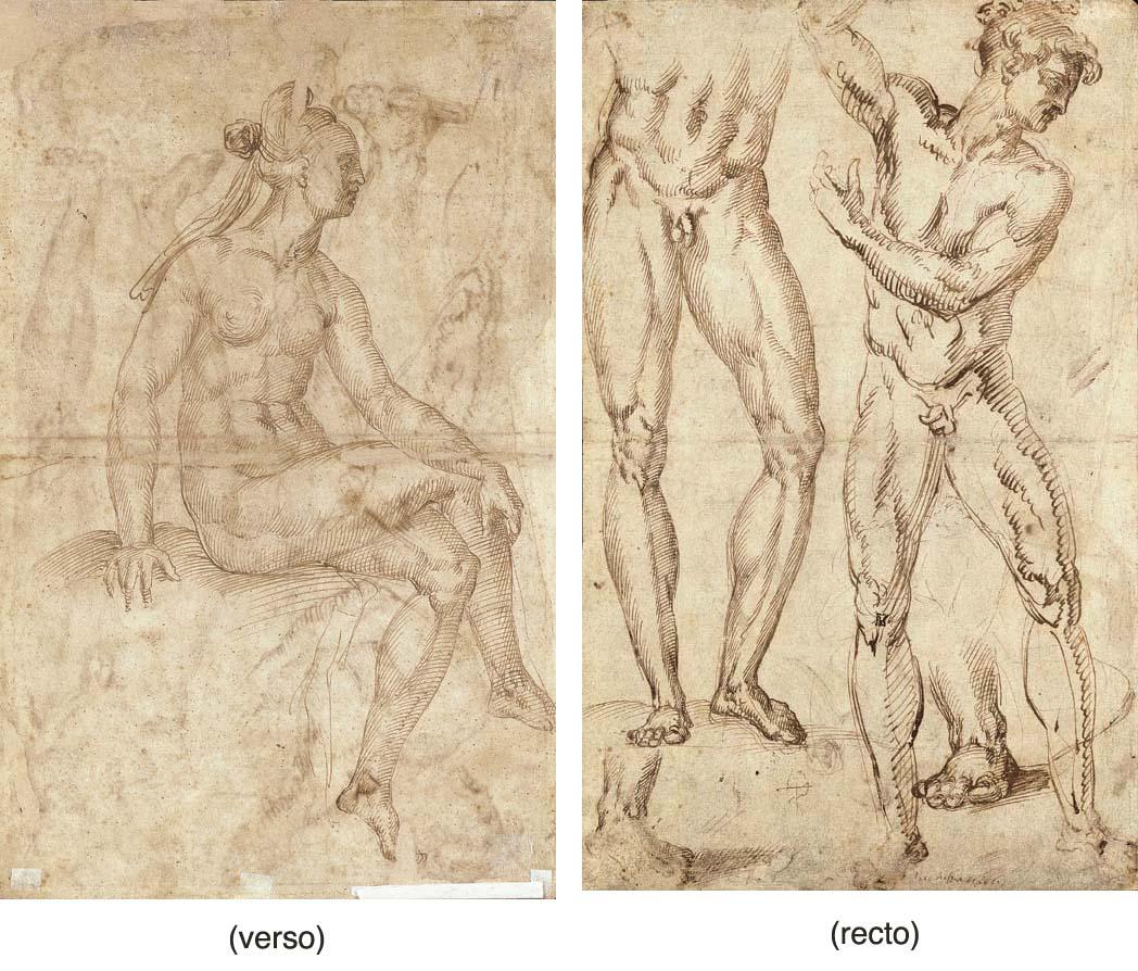 Baccio Bandinelli - A nude gesturing to the left, with subsidiary studies of the legs and feet (recto); A female nude seated on a rock in profile to the right (verso)