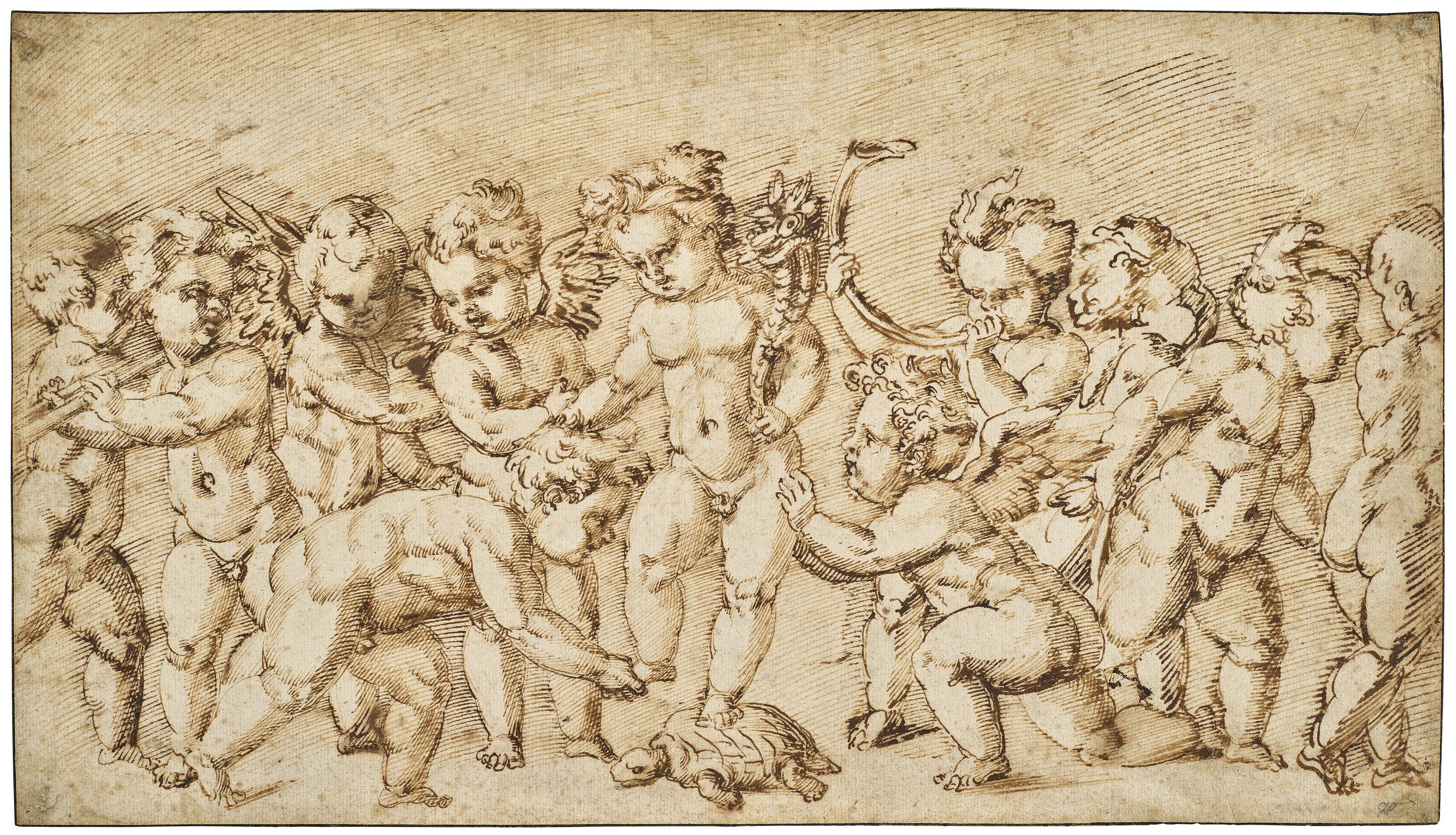 Baccio Bandinelli - A putto holding a cornucopia and stepping on a tortoise, surrounded by a group of standing putti playing musical instruments