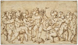 Baccio Bandinelli - A putto holding a cornucopia and stepping on a tortoise, surrounded by a group of standing putti playing musical instruments