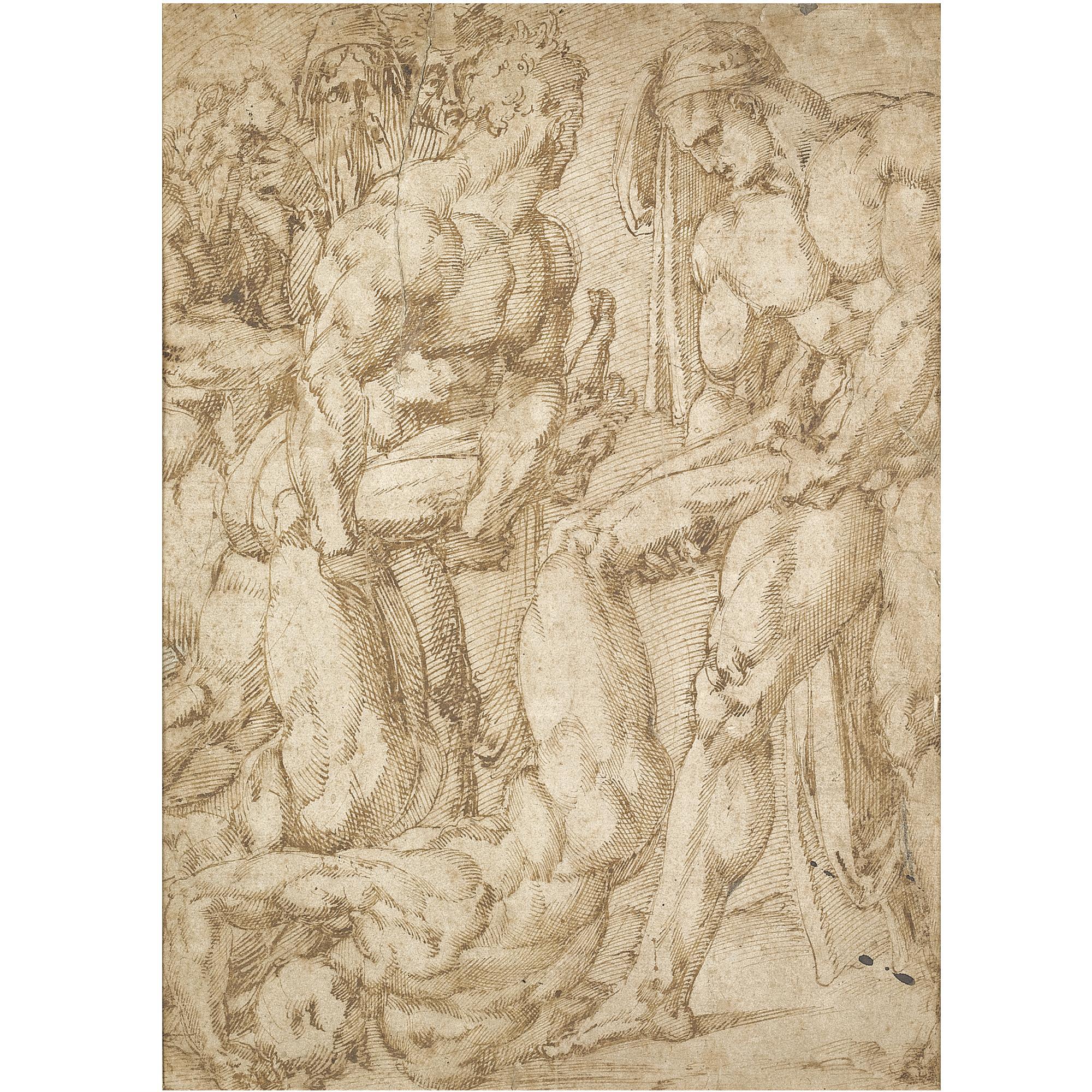 Baccio Bandinelli - Two Male Nudes Dragging The Bodies Of Two Others, A Group Of Mourners To The Left