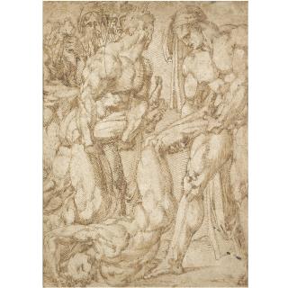 Baccio Bandinelli - Two Male Nudes Dragging The Bodies Of Two Others, A Group Of Mourners To The Left