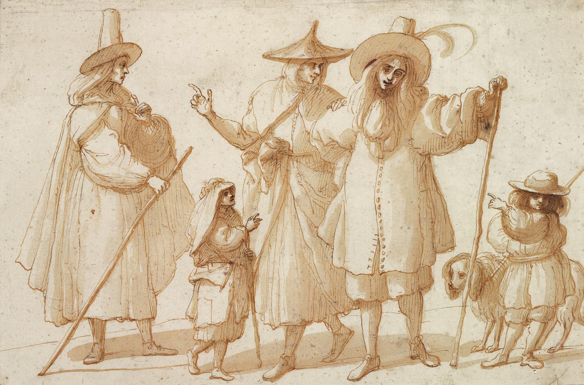 Baccio del Bianco - A group of elegantly dressed figures with two children and a dog