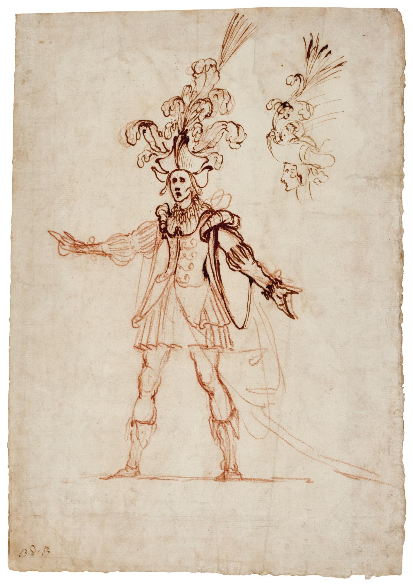 Baccio del Bianco - Design For A Festival Costume, With A Subsidiary Study, Upper Right, Of A Head In Profile To The Left