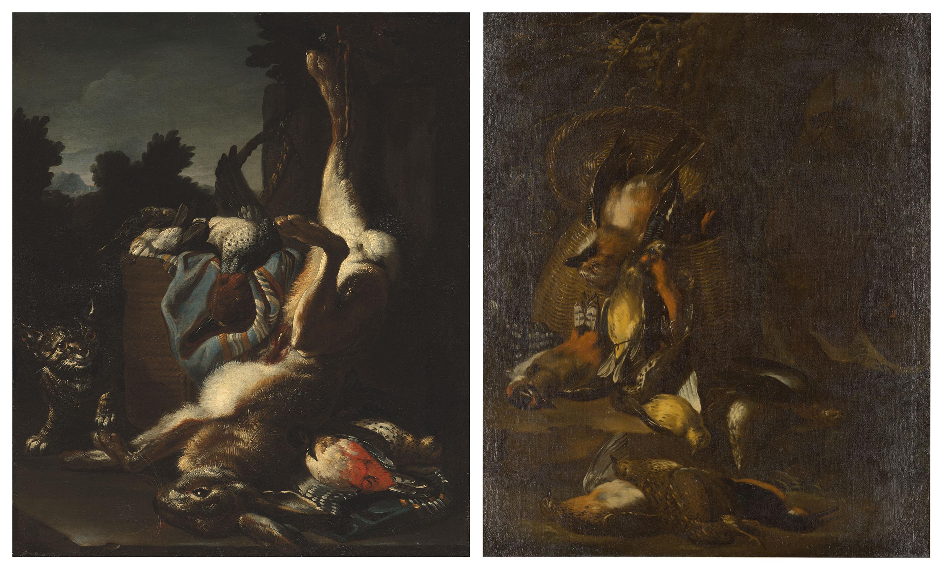 Baldassare De Caro - A Dead Hare With Birds, A Landscape Beyond; And Dead Birds, A Landscape Beyond