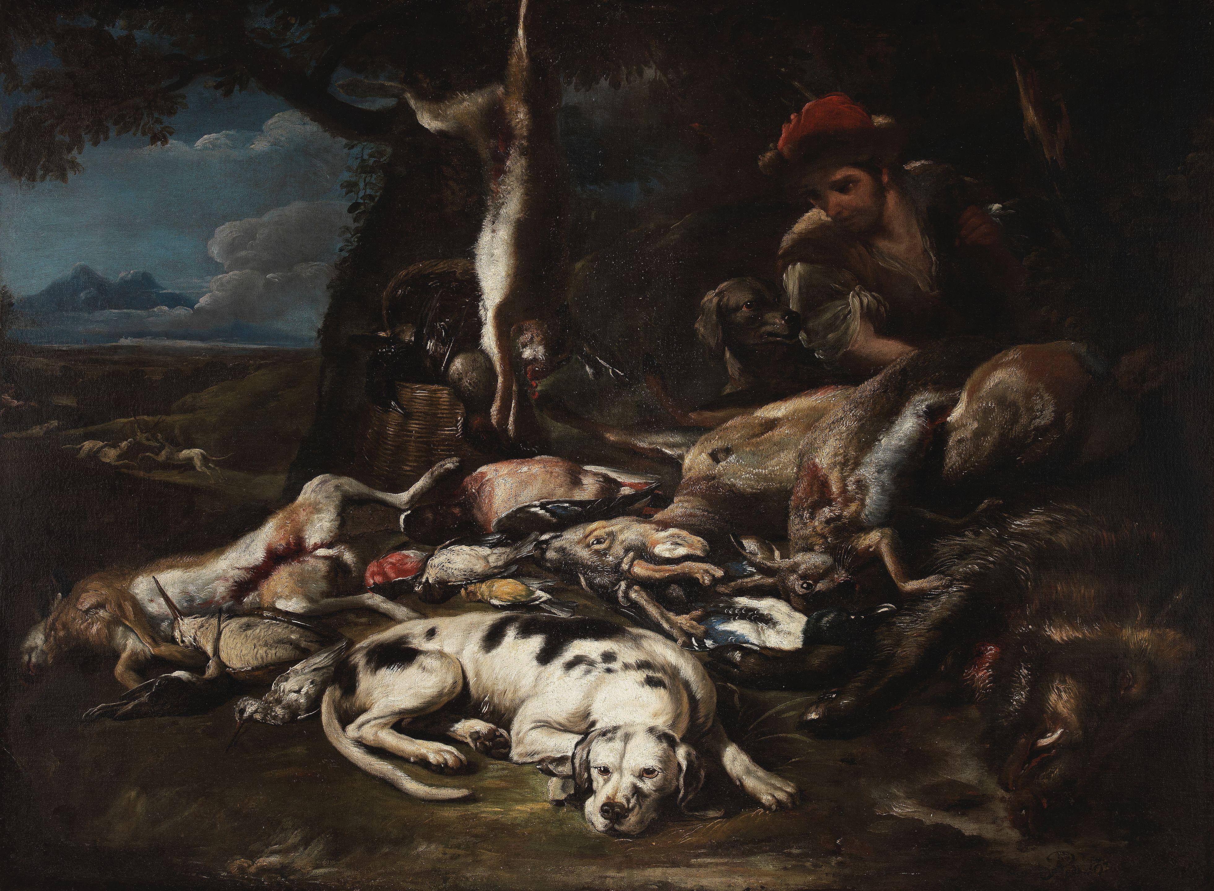 Baldassare de Caro - A huntsman holding his gun, with his dogs beside a dead boar, a deer, hares and birds before a wooded landscape, a staghunt and a view of the Bay of Naples and Mount Vesuvius beyond