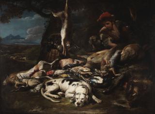 Baldassare de Caro - A huntsman holding his gun, with his dogs beside a dead boar, a deer, hares and birds before a wooded landscape, a staghunt and a view of the Bay of Naples and Mount Vesuvius beyond