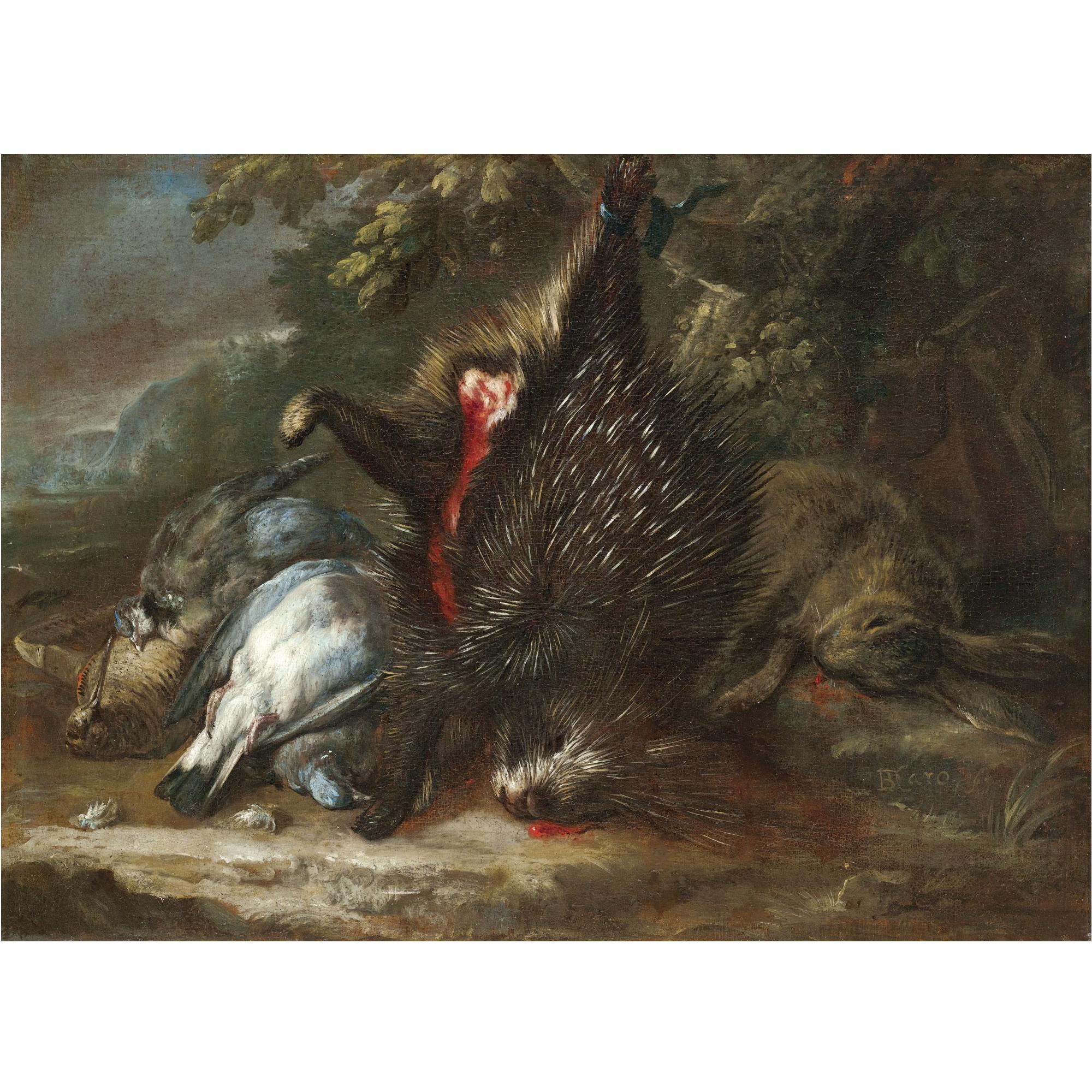 Baldassare de Caro - A Still Life With Dead Game And A Porcupine Hanging From A Branch