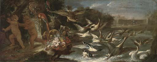 Baldassare de Caro - An Eagle Attacking Ducks In A Pond With Putti Escaping In An Italianate Garden; And A Hunting Still Life With A Deer, A Rabbit, Ducks And Other Game In A River Landscape With Hunters Resting With Their Dogs