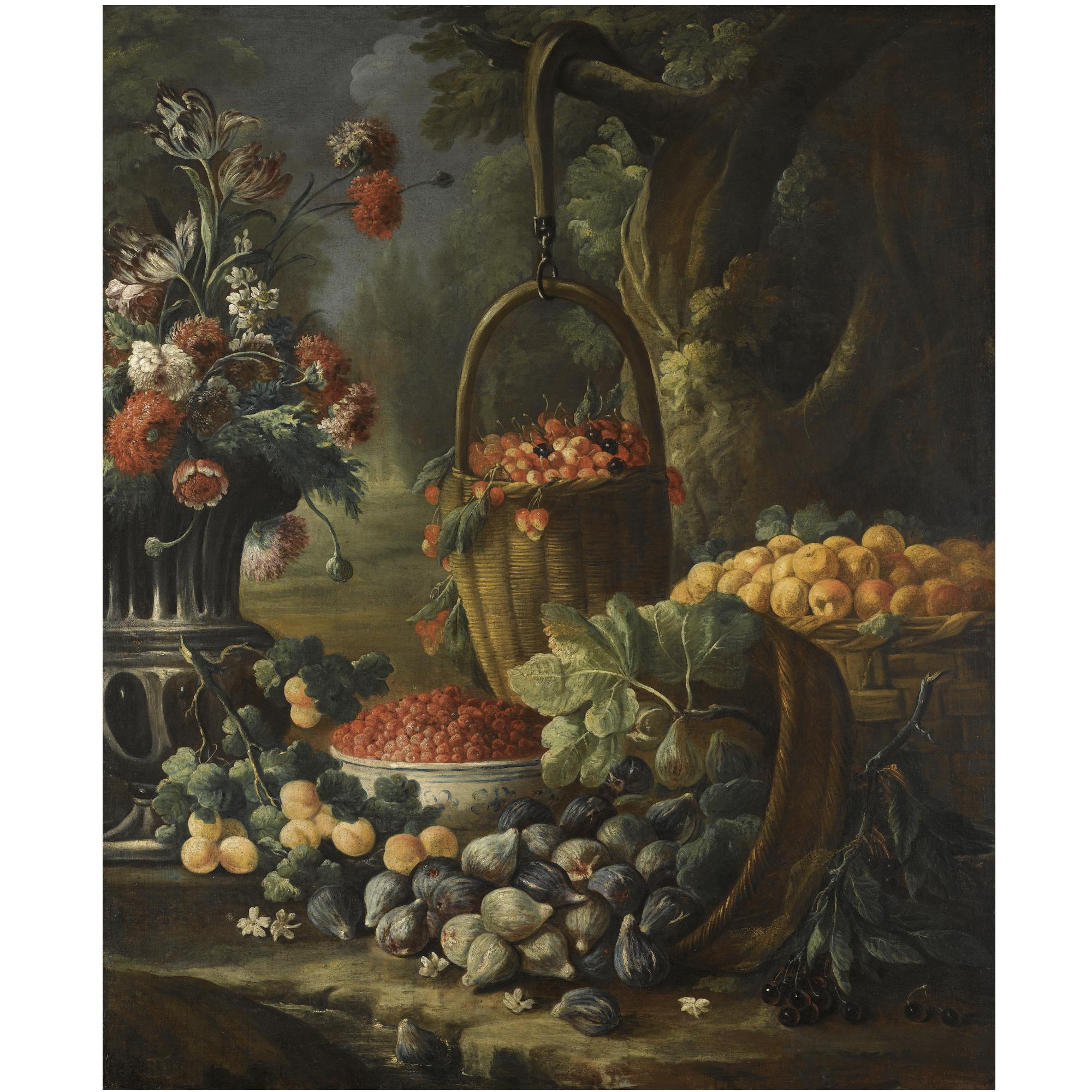 Baldassare de Caro - An Upturned Basket Of Figs, Together With Apricots, Other Fruit And Flowers In A Landscape Setting