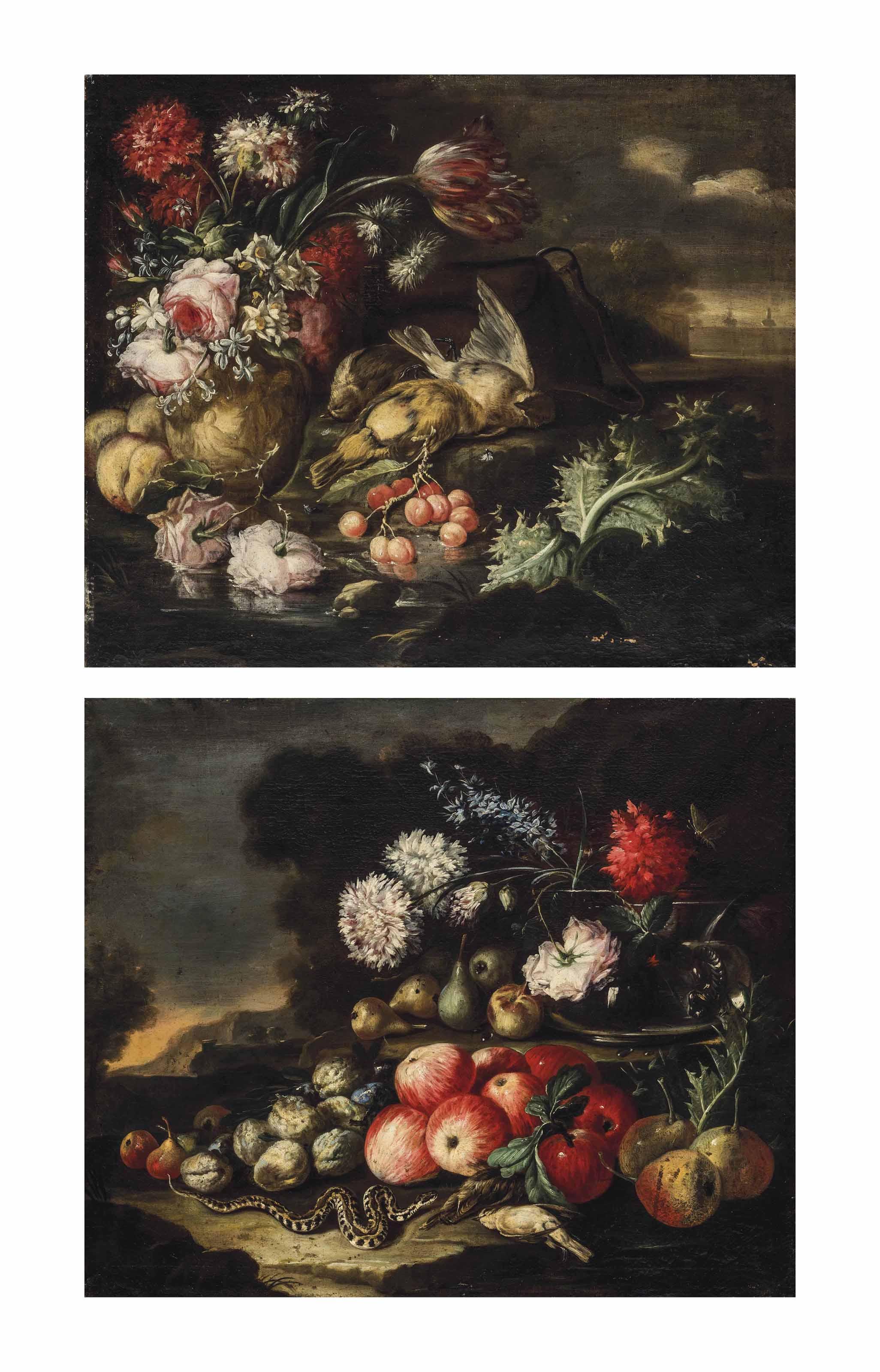 Baldassare De Caro - Fruit and flowers with a snake and sparrows in a landscape; and Fruit and flowers with game on a shore