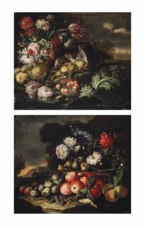 Baldassare De Caro - Fruit and flowers with a snake and sparrows in a landscape; and Fruit and flowers with game on a shore