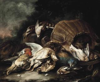 Baldassare De Caro - Quail, Finches And A Jay With A Wicker Basket In A Landscape