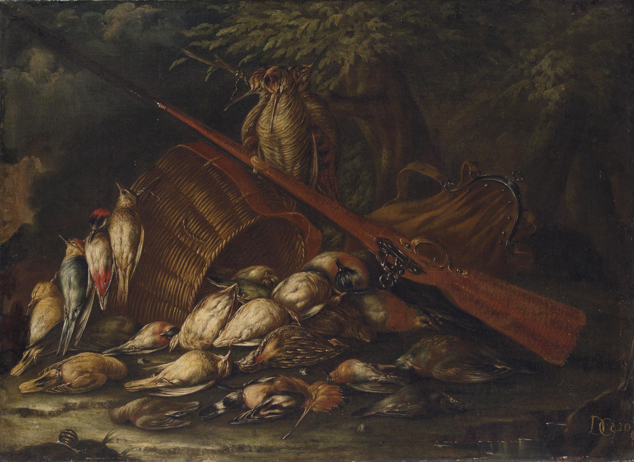 Baldassare De Caro - Still life with dowitcher, hoopoe, woodpecker, yellowhammer and other game birds, a hunting bag and a gun, on a forest floor