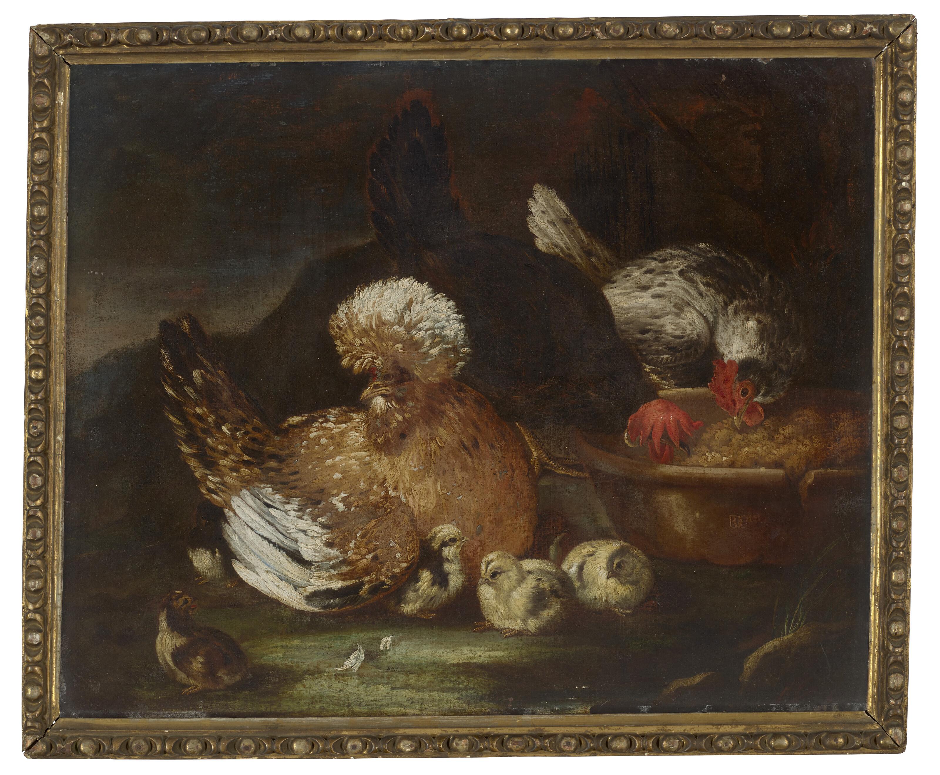 Baldassare De Caro - Two roosters, a hen and six chicks at their feed dish in a landscape
