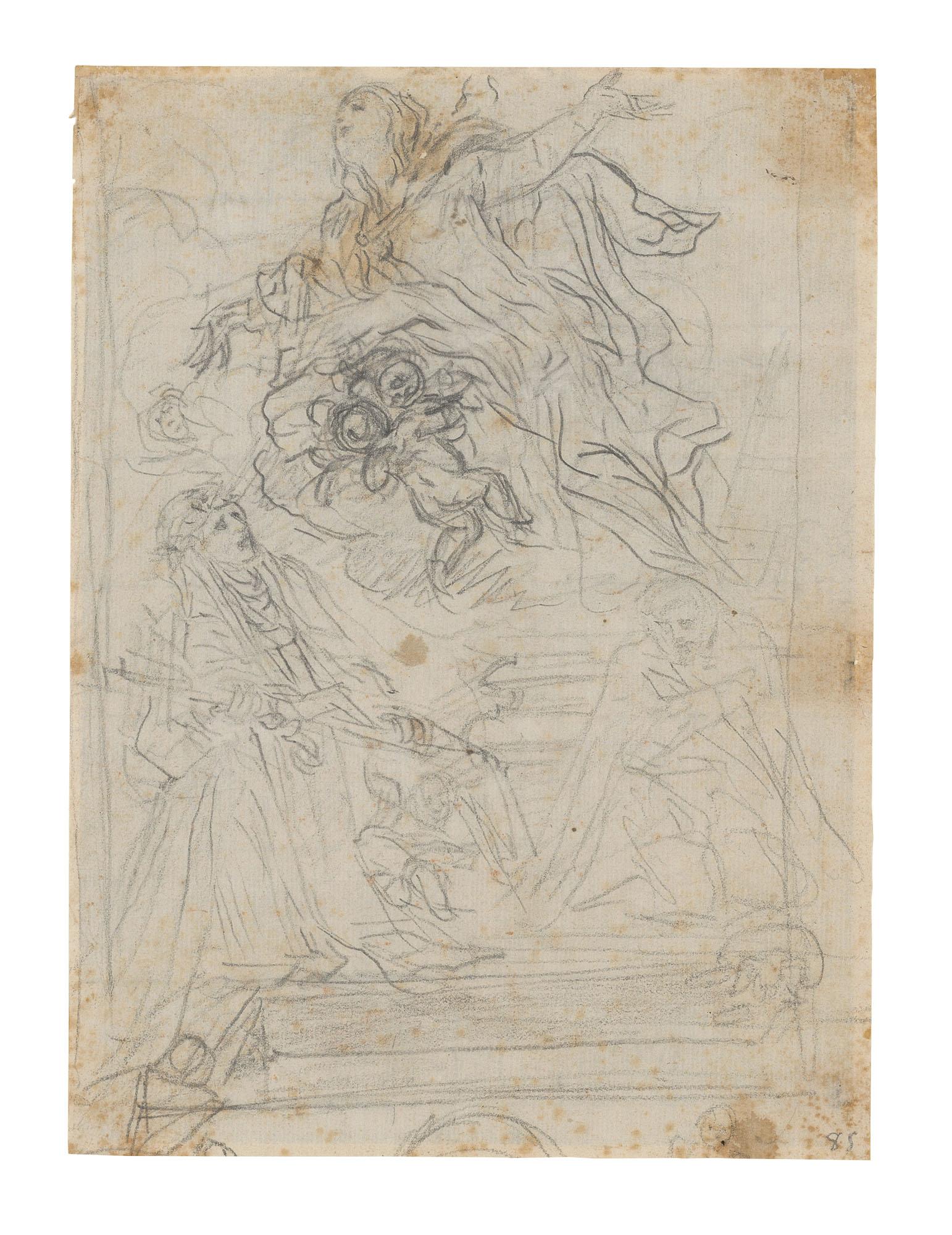 Baldassare Franceschini, Called Il Volterrano - The Assumption of the Virgin with Saints Catherine of Siena and Margaret of Cortona (recto); Study for an Assumption of the Virgin and a plan of a church (verso)