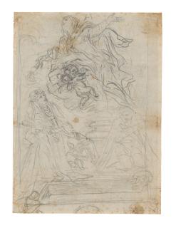 Baldassare Franceschini, Called Il Volterrano - The Assumption of the Virgin with Saints Catherine of Siena and Margaret of Cortona (recto); Study for an Assumption of the Virgin and a plan of a church (verso)
