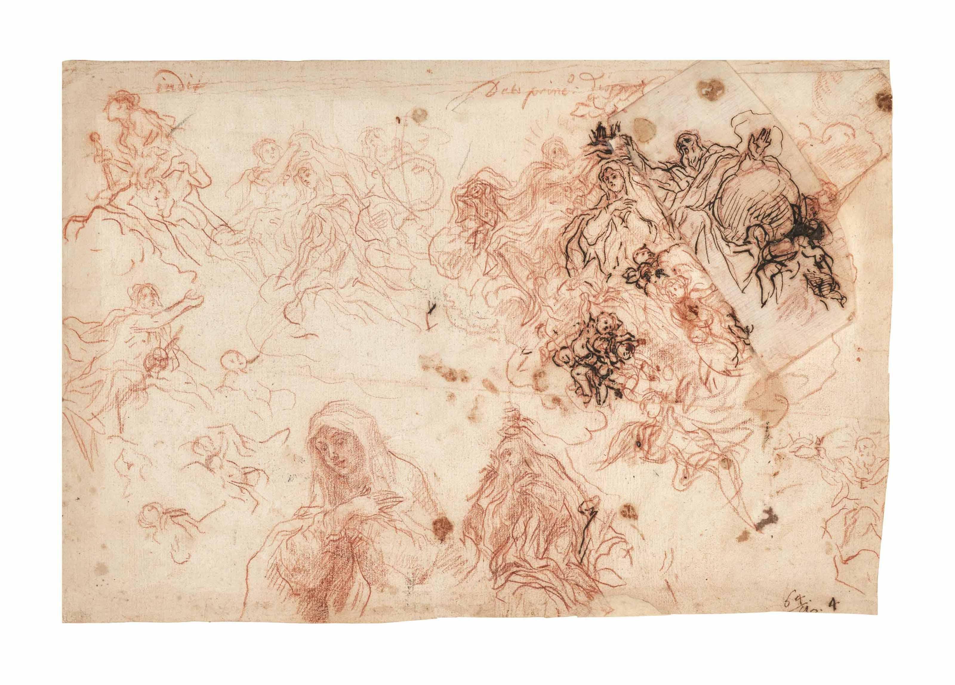 Baldassare Franceschini, Il Volterrano - A sheet of studies: the Coronation of the Virgin, Judith with the Head of Holofernes, and God the Father, with two further studies of God the Father for the Coronation attached to the upper right border