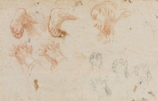 Baldassare Franceschini, Il Volterrano - Studies of hands, feet and a head ( recto ); Study of a bearded man and a hand ( verso )