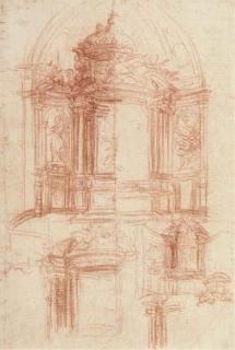 Baldassare Franceschini - Projets de maître-autels (recto); Etudes d\'une Fuite en Egypte et d\'une tête de profil (verso)