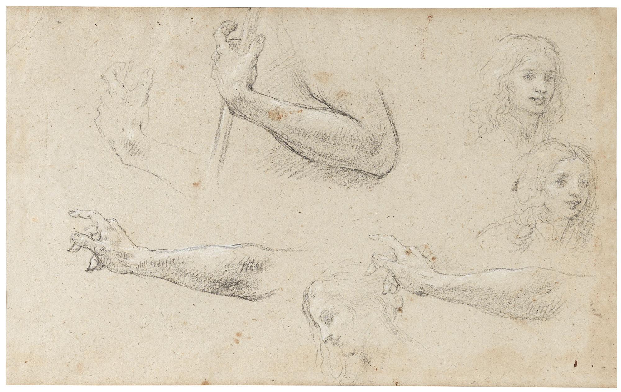 Baldassare Franceschini - Recto: Studies Of A Hand Holding A Staff, Two Studies Of The Head Of A Young Man And A Woman In Profile Verso: Studies Of A Young Boy, With Subsidiary Studies Of Two Hands