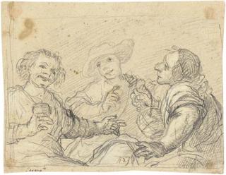 Baldassare Franceschini - Two Drinkers At A Table Mocking Arlotto Mainardi, Who Holds A Flask of Wine