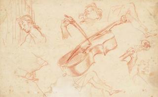 Baldassare Franceschini - Un Violoncelle Avec Une Main Tenant Un Archet Avec Une Étude D\'Une Main Tenant Le Manche Avec Des Études de Têtes, Une Main Tenant Une Partition, Et Une Figure Féminine À L\'Orgue